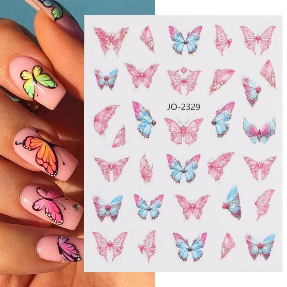 Color: DEEP BLUE - 3D Blue Butterfly Adhesive Stickers Nail Art Decoration Laser Flowers Leaves Nail Sticker Nail Art Supplies Nail Parts