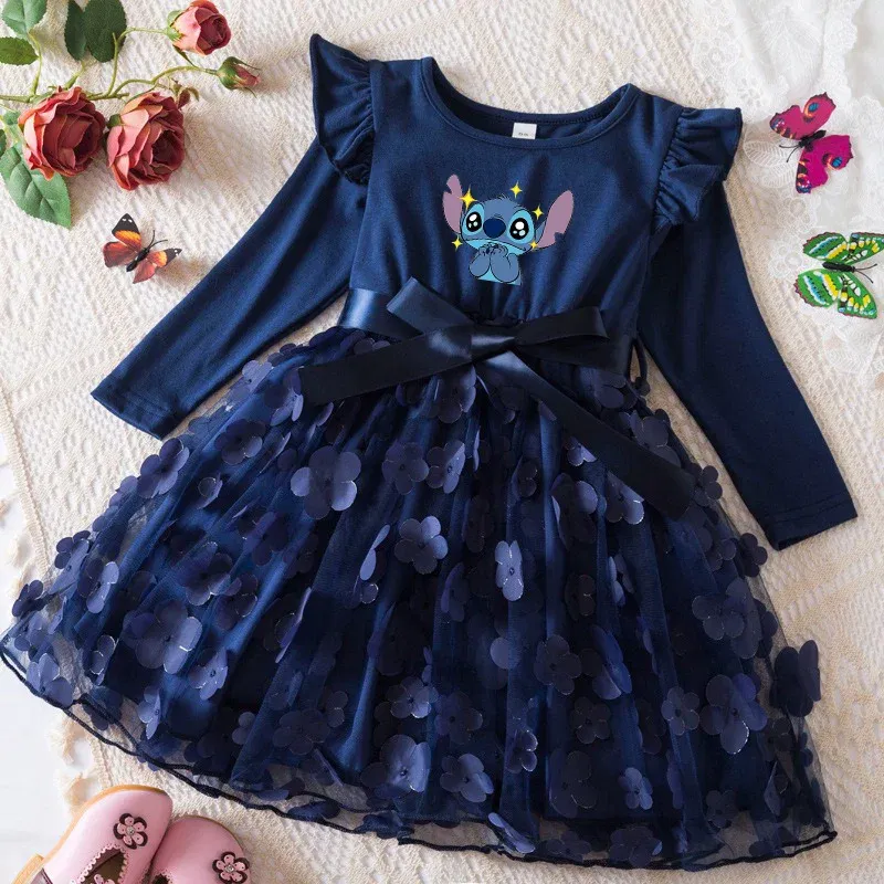 Color: Light Brown, Size: One Size, Height: 176 - Lilo Stitch Girl Baby Dresses Spring Autumn Child Long Sleeve Sweet Princess Dress Mesh Newborn Casual Dress Birthday Party 2-6Y
