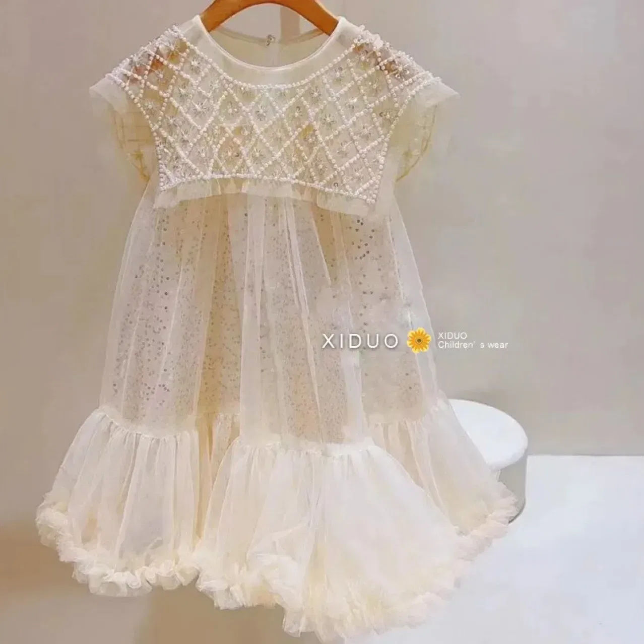 Color: Beige, Kid Size: 6 - Girls' Princess Dress 2023 Spring Summer Children's Wear Korean  Pearl Neck Princess Dress Fashion Yarn Dress