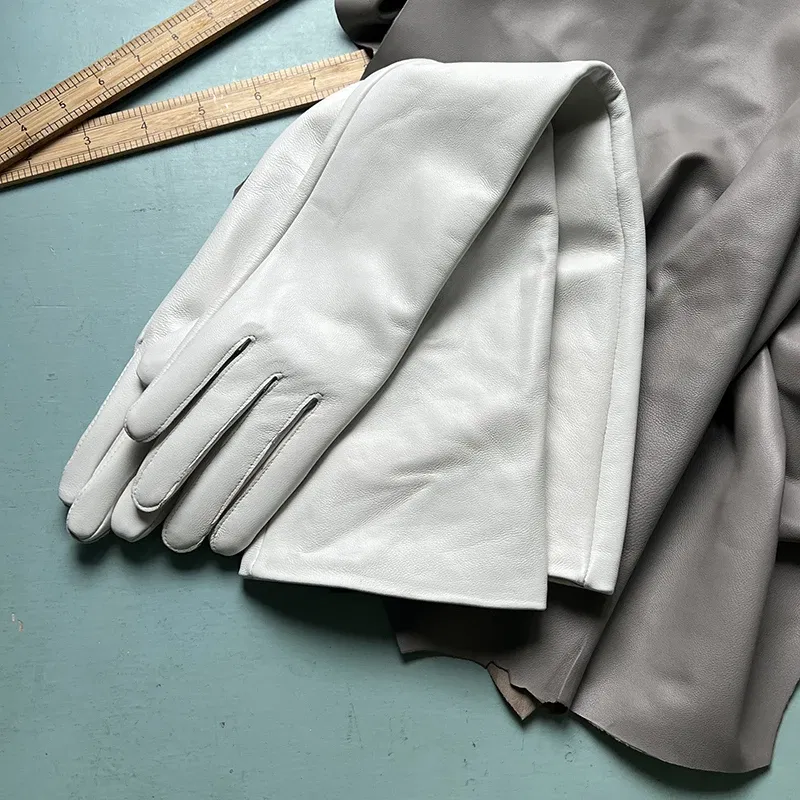 Color: black, Gloves Size: 7 3/8 - 50cm New Genuine Leather White Women's High Grade Party Mittens Sheepskin Lady Winter Velvet long Gloves Creamy Ivory Snow White