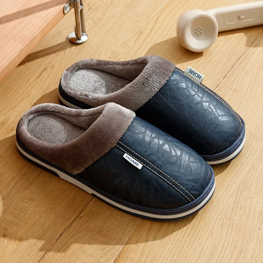 Color: Blue, Shoe Size: 4 - Big Size Winter Casual Men's Slippers Indoor Waterproof PU Leather Home Shoes Fur Flat Warm Fashion Bedroom Houseshoes