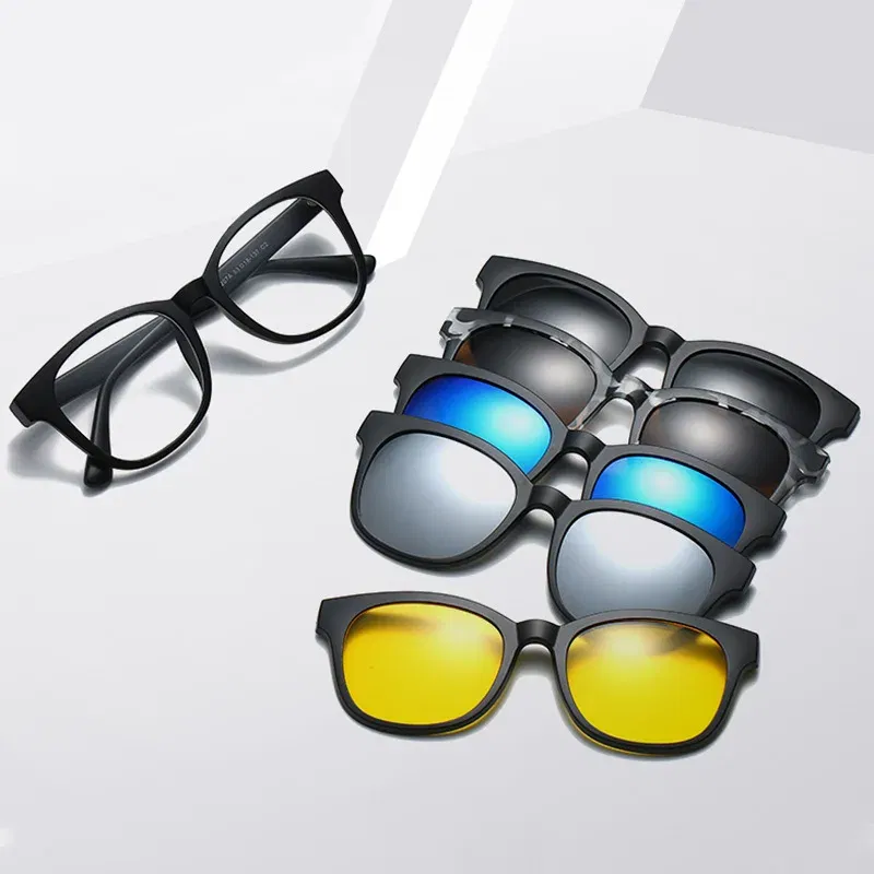 Lenses Color: Yellow, Ships From: CHINA, Frame Color: WHITE - 6 In 1 Spectacle Frame Men Women With 5 PCS Clip On Polarized Sunglasses Magnetic Glasses Male Computer Optical 2201