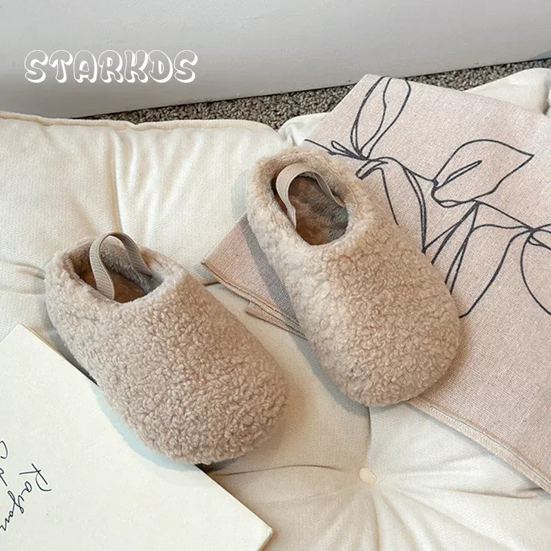 Color: Dark Khaki, Shoe Size: 21 - Teddy Fur Mule For Baby Kids Winter Warm Plush Slipper Toddler Child Casual Pull-on Fluffy Cotton Shoe with Back Elastic Strap