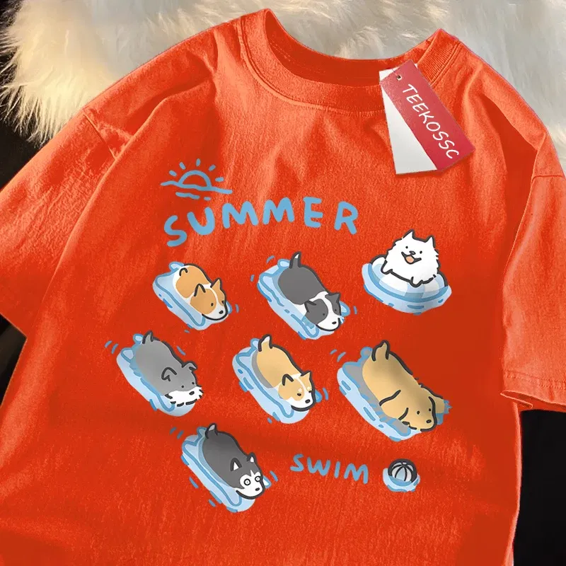 Color: GRAY, Size: M - Fun Cat And Dog Swimming Japanese Style T-Shirt Female Casual Loose T-Shirts Summer Cotton Tops Fashion Breathable Tee Clothing