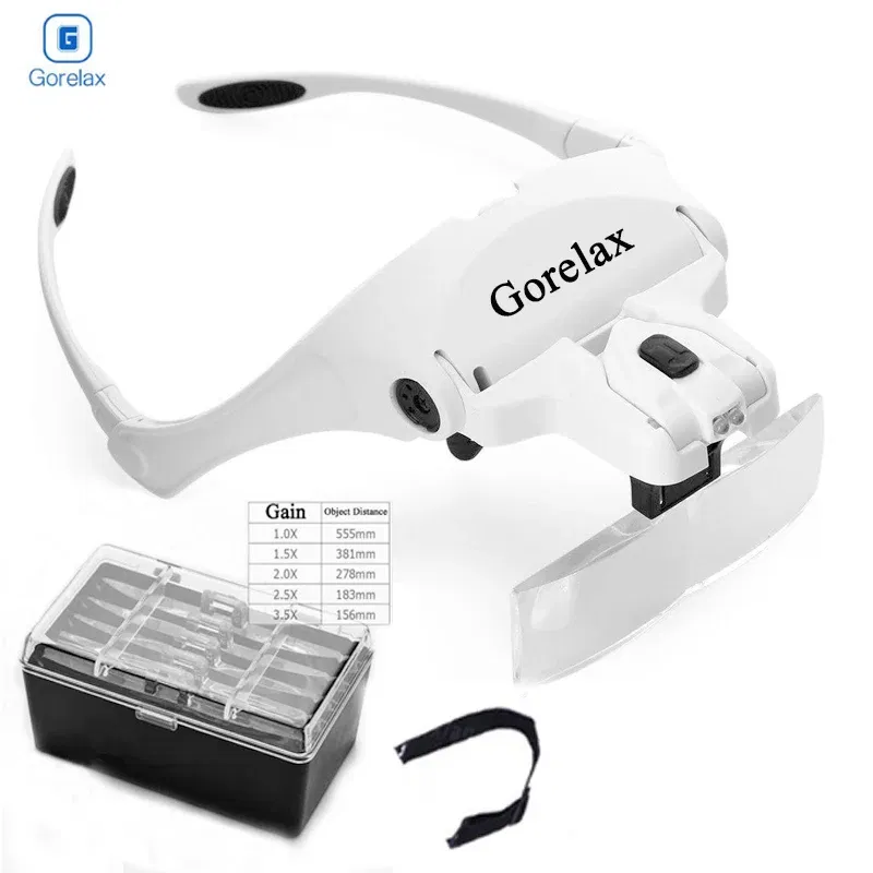 Color: Silver - Magnifying Glasses LED Light Lamp Head Loupe Jeweler Headband Magnifier Eye Glasses Optical Glass Tool Repair Reading Magnifier