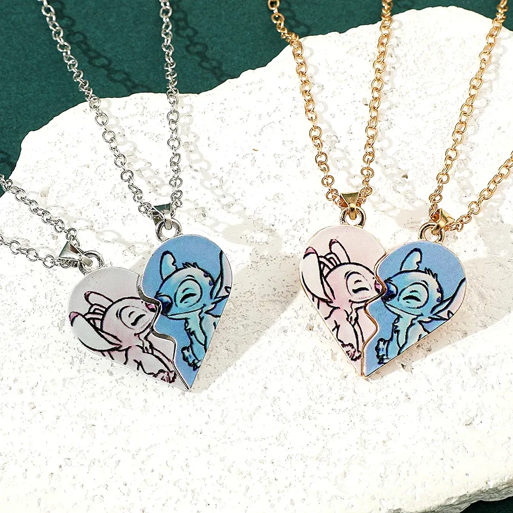 Metal Color: Antique Copper Plated - Disney-Stitch Heart Necklace for Couple, Gold and Silver Color, Angel and Stitch, Cute Style , Jewelry Pendant, Gift for Girl, 1