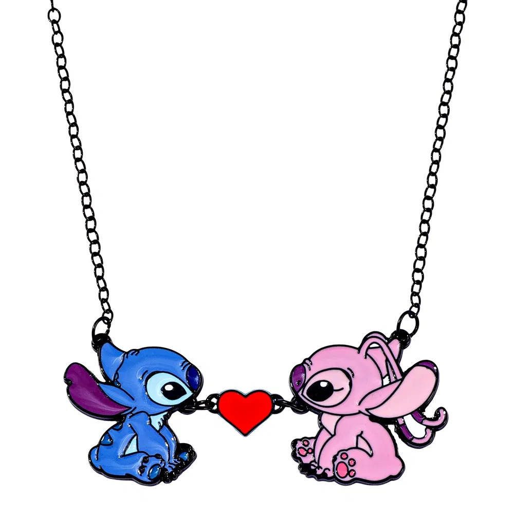 Metal Color: Antique Copper Plated - Disney-Stitch Heart Necklace for Couple, Gold and Silver Color, Angel and Stitch, Cute Style , Jewelry Pendant, Gift for Girl, 1