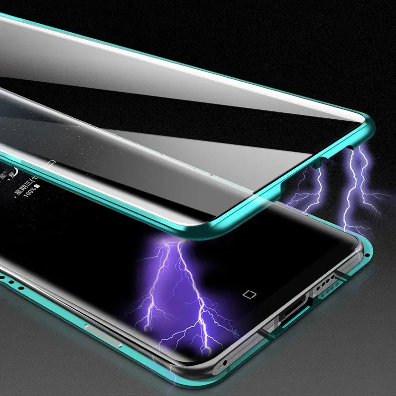 Color: Blue, Material: PC - Full Wrap Metal Bezel Case For Samsung Galaxy S23 S22 Ultra S21 S20 FE S24 Note 10 20 Lite Plus Double-Sided Glass Back Cover