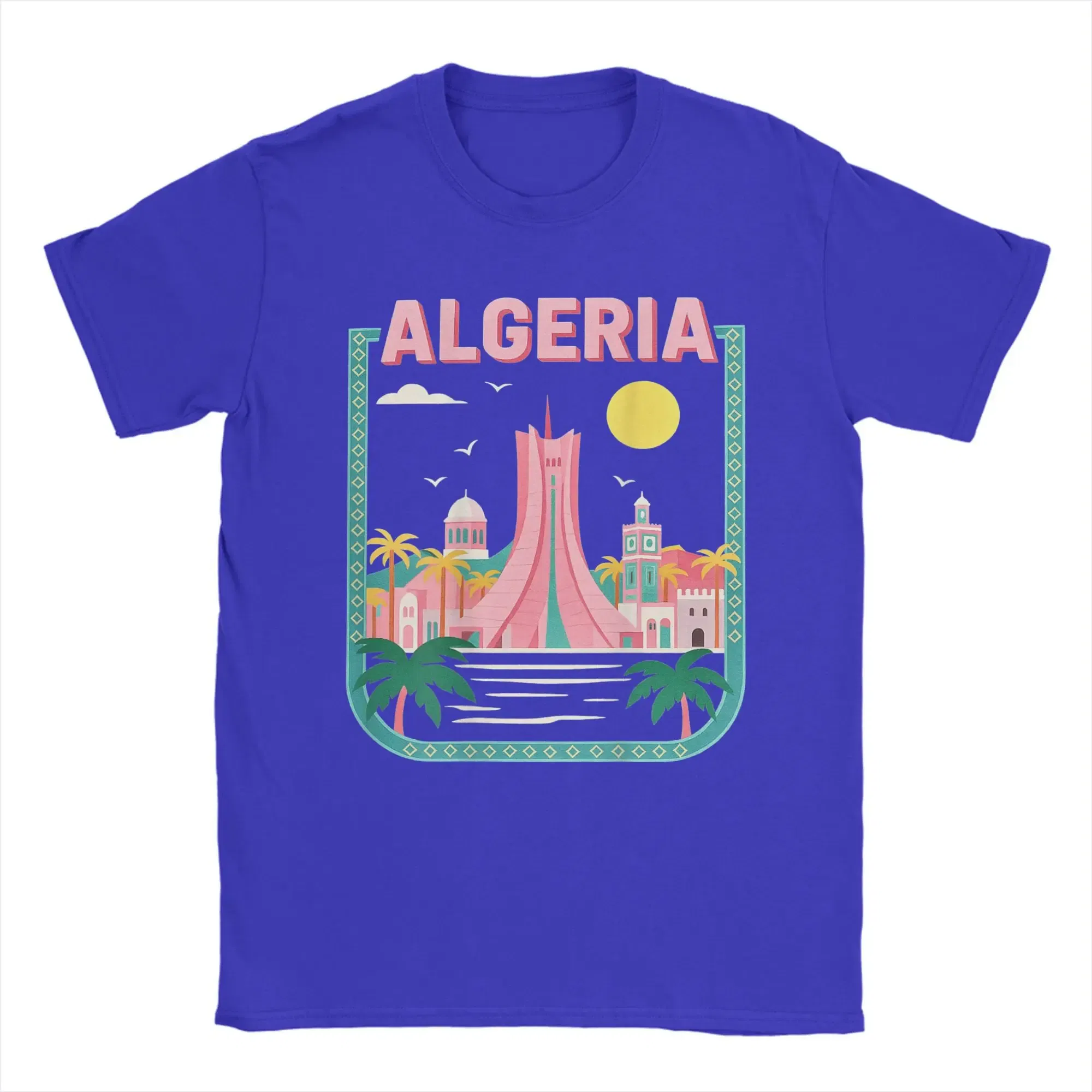 Color: Blue, Size: L - Men Algeria DZ City Algerian T Shirts Africa Arab Pure Cotton Clothes Hipster Short Sleeve Crewneck Tees Gift Idea T-Shirt