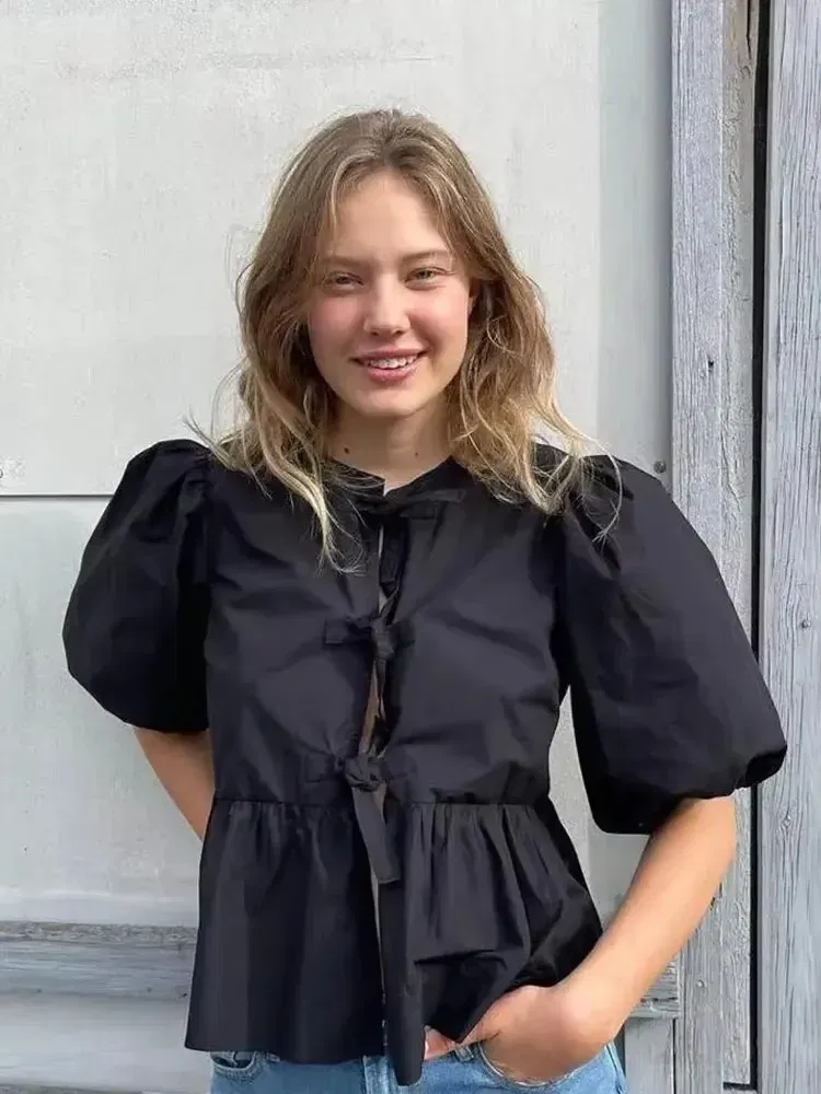 Color: black, Size: XS?€old?‰ - HH Fashion Solid Hollow Out Shirt Women Causal O Neck Short Sleeved Lace Up Tops Chic Female Casual Blouse Streetwear 2024