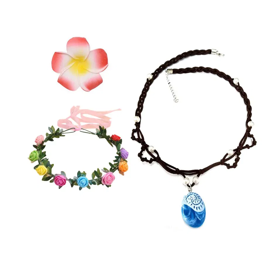 Color: Brown - Girls Moana Garland Flower Wreath Headdress Kid Adult Princess Costume Cosplay Vaiana Floral Headgear Wig