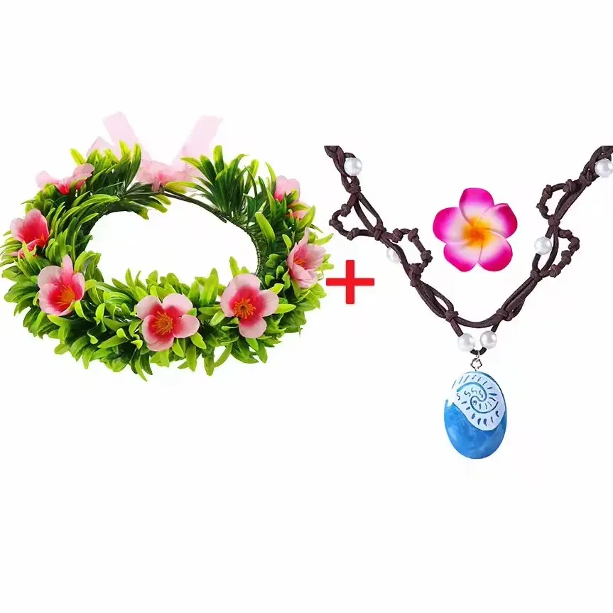 Color: Brown - Girls Moana Garland Flower Wreath Headdress Kid Adult Princess Costume Cosplay Vaiana Floral Headgear Wig