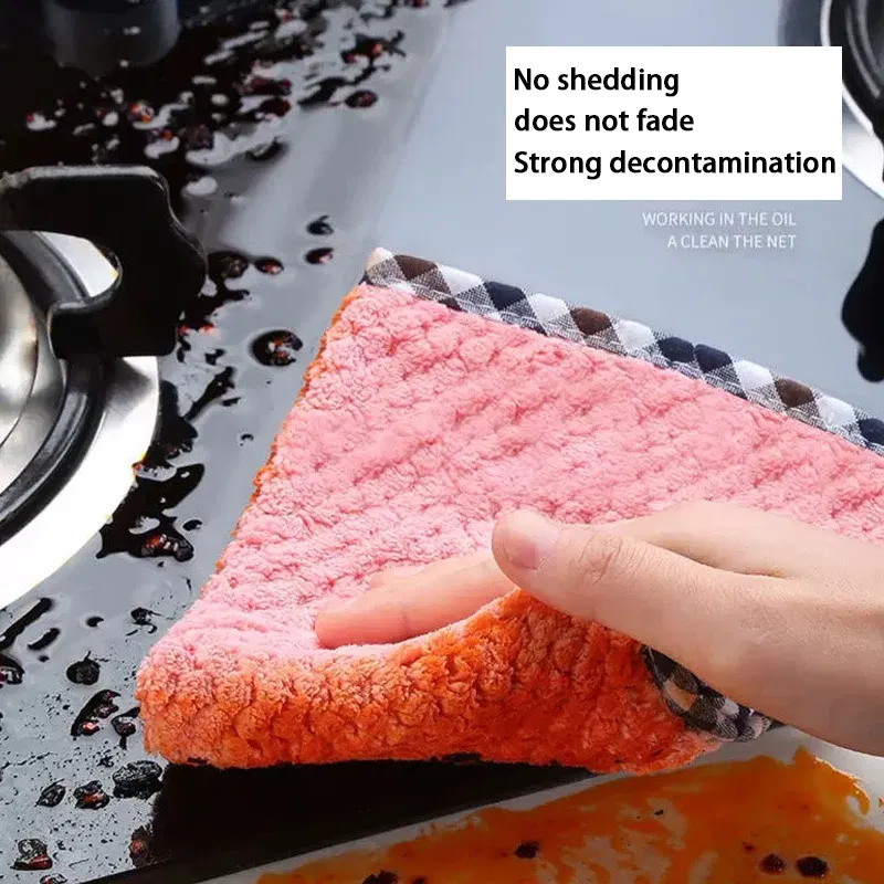 Color: Red - Kitchen Daily Dish Towel Cloth Kitchen Rag Non-stick Oil Thickened Table Cleaning Cloth Double-layer Absorbent Microfiber