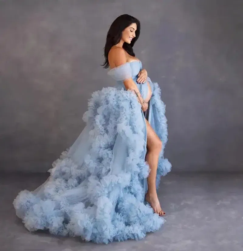 Color: SKY BLUE, Maternity Size: XL, Ships From: CHINA - Tulle Long Maternity Dress Photoshoot  п?»?°?‚ь?µ  photography dresses baby shower dresses for pregnant woman  п?»?°?‚ь?µ д?»я ?±?&micr