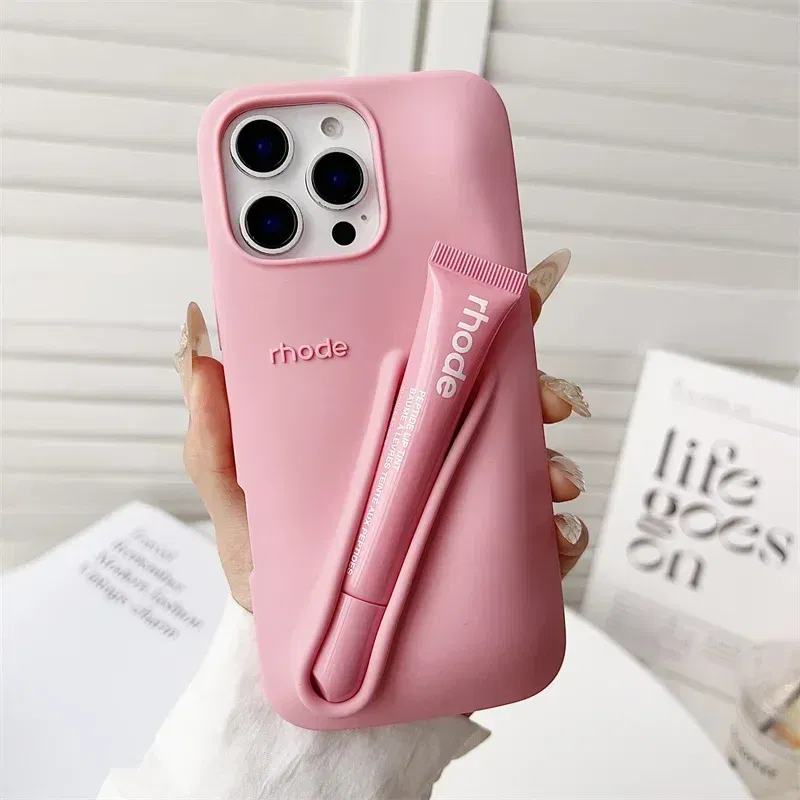 Color: Dark Grey, Bundle: Bundle1, Material: Wood - Phone Case For iPhone 12 13 14 15 16 Pro Max Plus 17 Air Portable Lip Gloss Holder Lipstick Silicone Soft Bumper Cover Lip Glaze