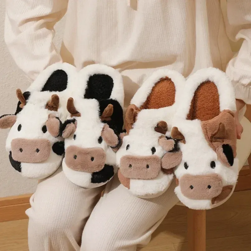 Color: Beige, Shoe Size: 3.5 - Cartoon Plush Cotton Slippers Women's Indoor Home Winter Cow Cotton Slippers Cute Autumn Winter Cotton Slippers Thick Soles
