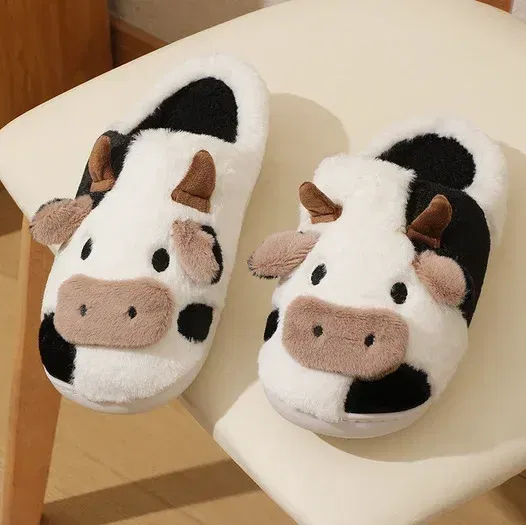 Color: Beige, Shoe Size: 3.5 - Cartoon Plush Cotton Slippers Women's Indoor Home Winter Cow Cotton Slippers Cute Autumn Winter Cotton Slippers Thick Soles