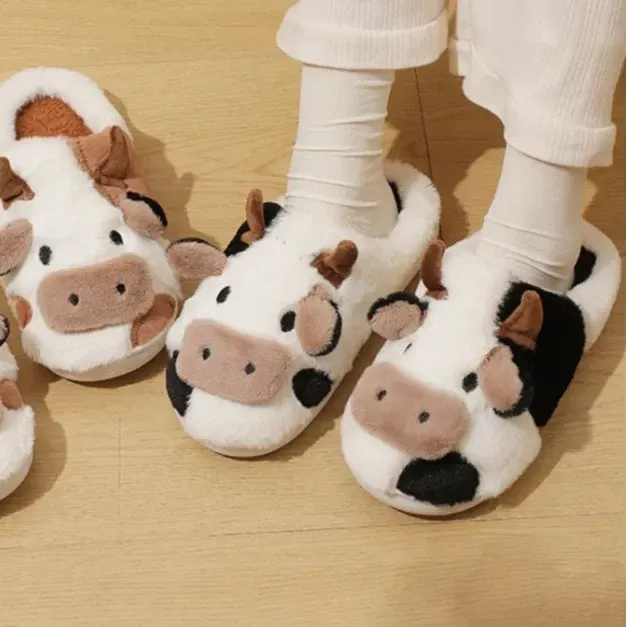 Color: Beige, Shoe Size: 3.5 - Cartoon Plush Cotton Slippers Women's Indoor Home Winter Cow Cotton Slippers Cute Autumn Winter Cotton Slippers Thick Soles