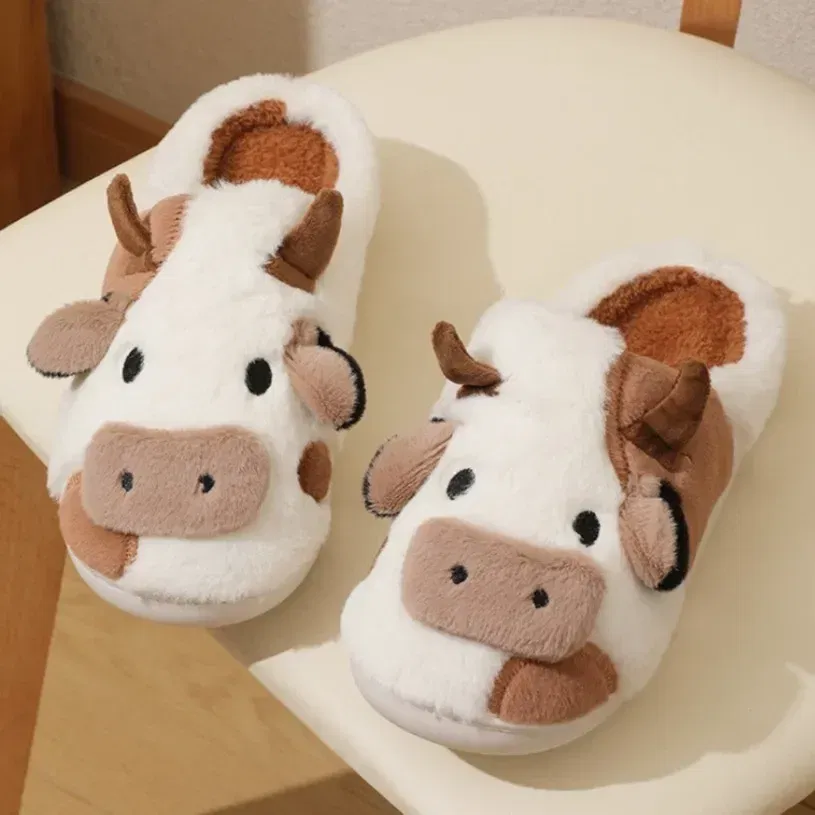 Color: Beige, Shoe Size: 3.5 - Cartoon Plush Cotton Slippers Women's Indoor Home Winter Cow Cotton Slippers Cute Autumn Winter Cotton Slippers Thick Soles