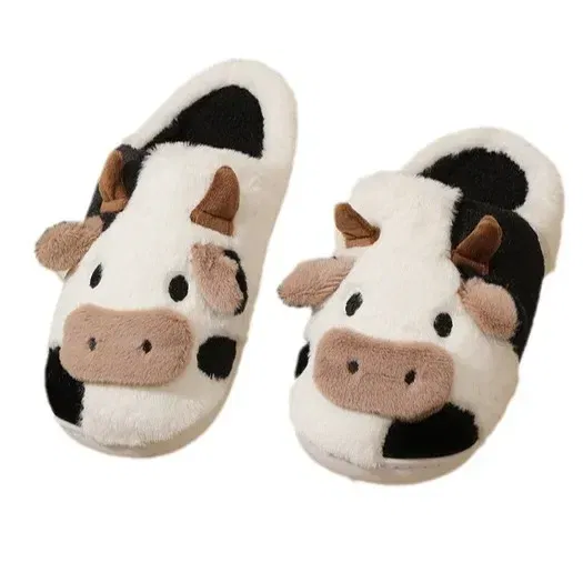 Color: Beige, Shoe Size: 3.5 - Cartoon Plush Cotton Slippers Women's Indoor Home Winter Cow Cotton Slippers Cute Autumn Winter Cotton Slippers Thick Soles