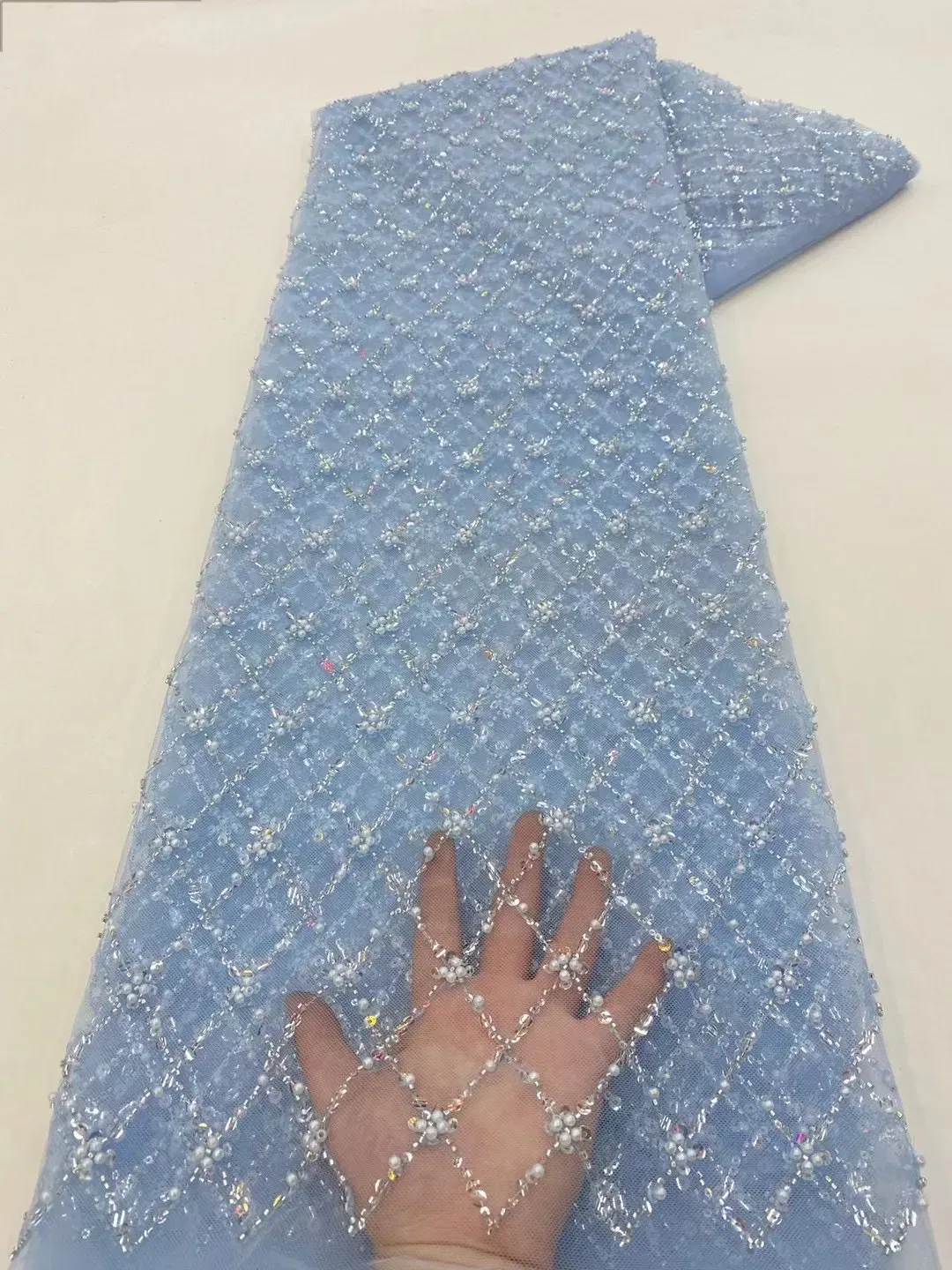 Color: pink, length: 5 yards, Width: 120cm - African Lace Fabric 2024 French Beaded Lace Fabric Nigerian Sequins Embroidery Net Lace Fabrics For Bridal Party Dresses