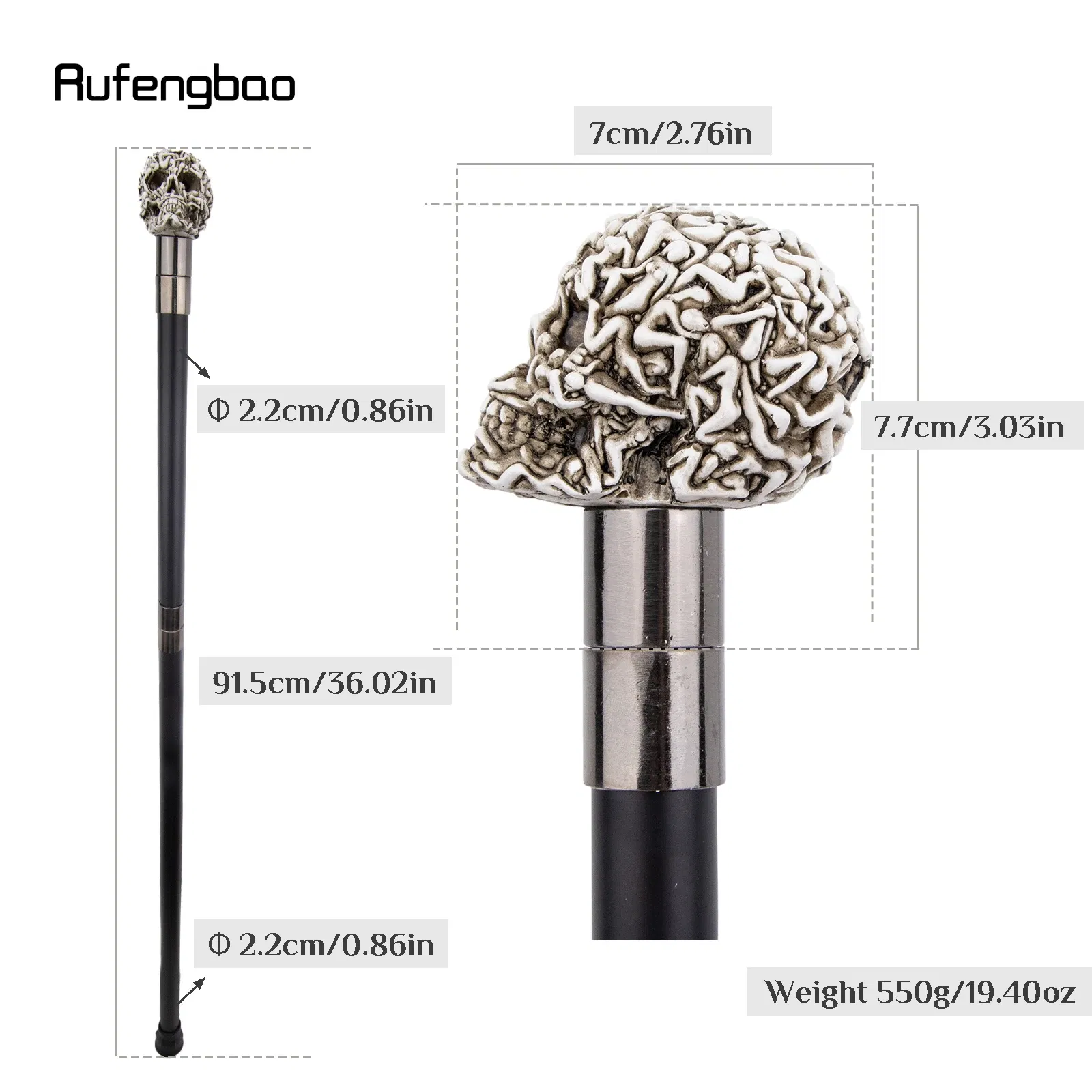 White Resin Skull Head Walking Cane Fashion Decorative Steel Stick Gentleman Elegant Cosplay Cane Knob Crosier 92cm