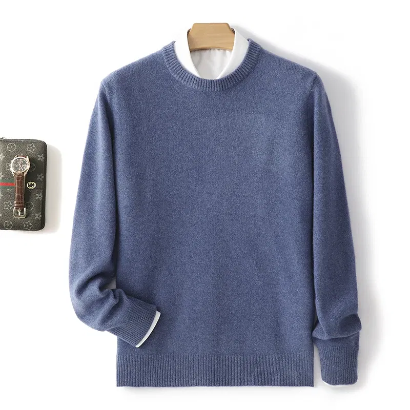 Color: Blue, Size: XXXL, Ships From: CHINA - Men's 100% Pure Wool Cashmere Sweater O-Neck Pullover Knit Sweater Autumn and Winter New Long Sleeve High-End Jumpers Thick Tops