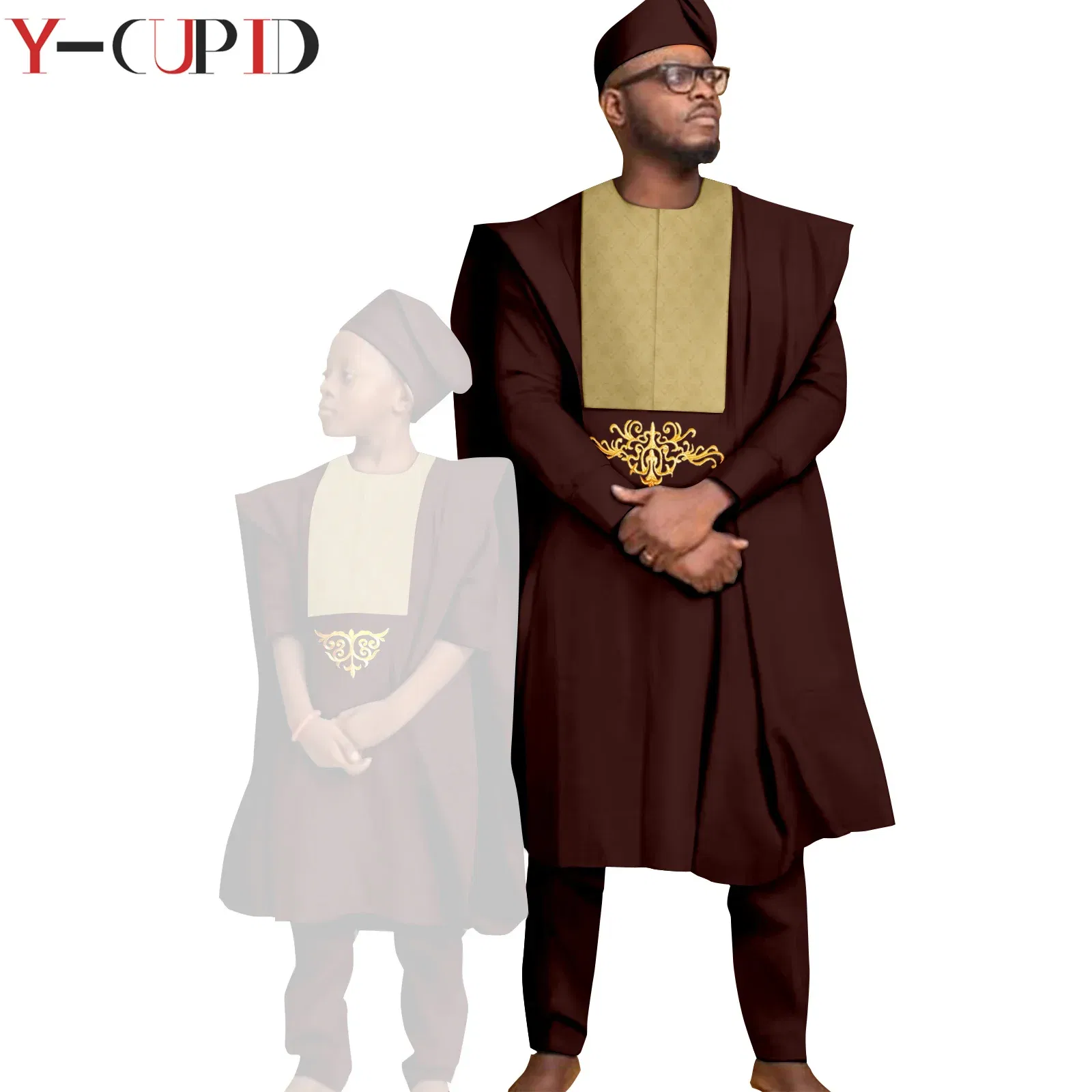 Color: Gold, Size: S - African Clothes for Men Top Pants Robes Hat Sets Match Kid Boy Sets Dashiki Father and Son Bazin Riche Family Outfits Y20F001