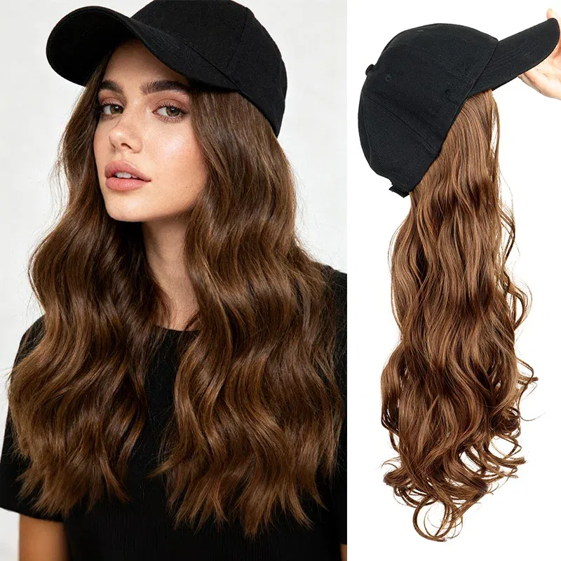 Color: #27 - 20Inch Synthetic Long Curly Hat Wig Baseball Cap Black Brown Hairpiece Adjustable Hat Wigs for Women