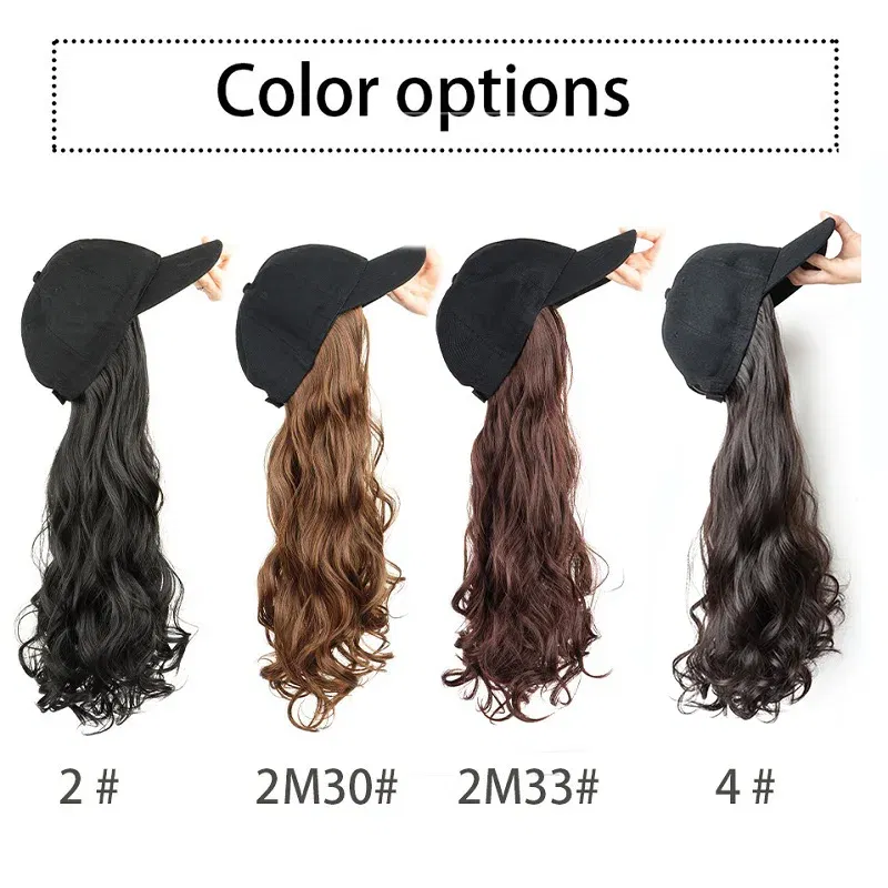 Color: #27 - 20Inch Synthetic Long Curly Hat Wig Baseball Cap Black Brown Hairpiece Adjustable Hat Wigs for Women
