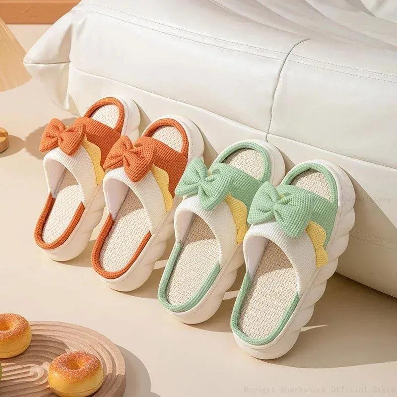 Color: Grape, Shoe Size: 36 - Linen Slippers Women Indoor Slippers Comzy Anti-Slip House Cotton Shoes Cute Bowknot Flat Slipper Couples Slides Spring Summer