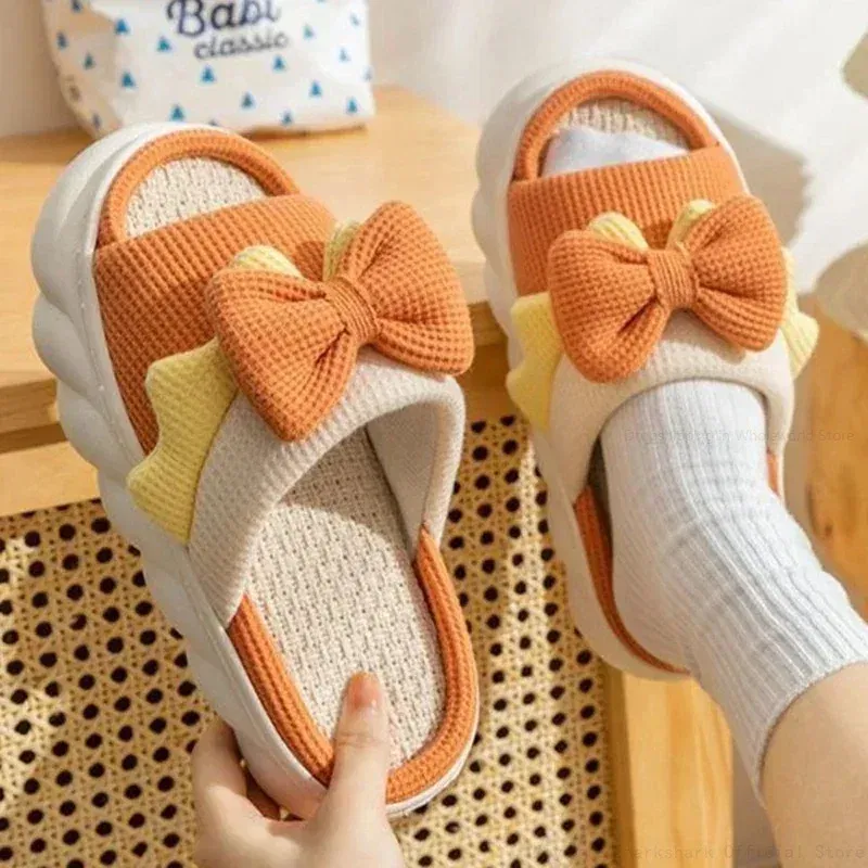 Color: Grape, Shoe Size: 36 - Linen Slippers Women Indoor Slippers Comzy Anti-Slip House Cotton Shoes Cute Bowknot Flat Slipper Couples Slides Spring Summer