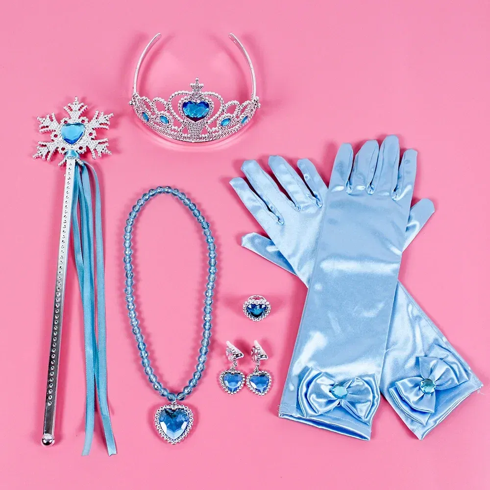 Color: Beige - Pincess Anna Elsa Cosply Accessories Crown Magic Wand Necklace Wig Gloves Frozen Snow White Belle Cinderella Princess Role Play