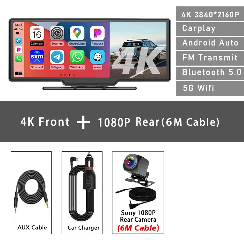 Color Name: GRAY, Sd Card Memory: 64G - Car Dvr 10.26 Inch 4K 3840*2160P Carplay Android Auto Dash Cam GPS 5G WIFI FM BT Dual Lens Camera Dashcam Drive Recorder