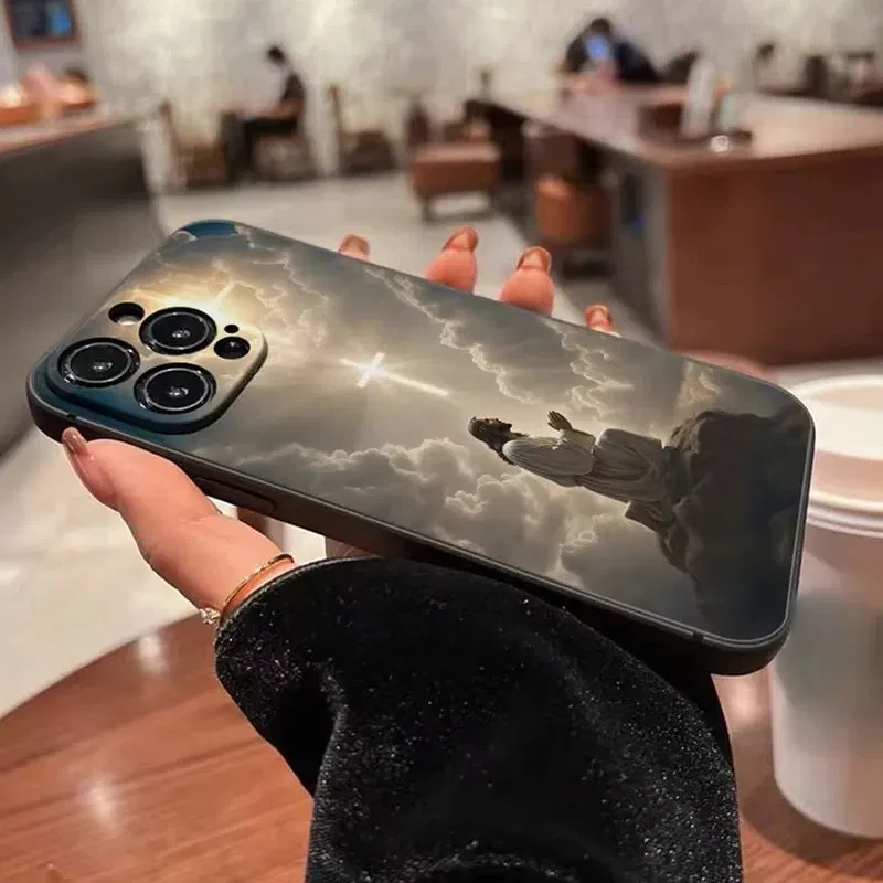 Color: SKY BLUE, Compatible-Phone Models: For iPhone 13 Mini - Jesus Cross Painted Phone Case For iPhone 16 15 14 13 12 11 Pro Max XS X XR 7 8 Plus Mini SE 2020 2022