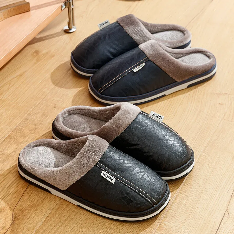 Color: black, Shoe Size: 8 - Big Size Winter Casual Men's Slippers Indoor Waterproof PU Leather Home Shoes Fur Flat Warm Fashion Bedroom Houseshoes