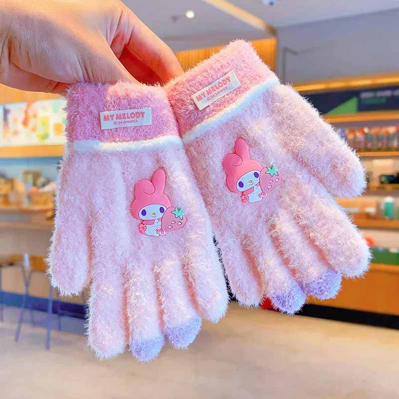 Color: GRAY - Sanrio Gloves Kawaii My Melody Kuromi Cold-Proof Winter Finger Gloves Plush Screen Touch Warm Children Toddler Christmas Gifts