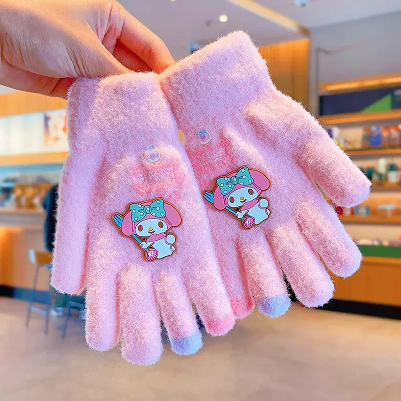 Color: GRAY - Sanrio Gloves Kawaii My Melody Kuromi Cold-Proof Winter Finger Gloves Plush Screen Touch Warm Children Toddler Christmas Gifts