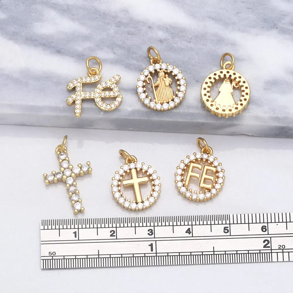 Metal color: BROWN - OCESRIO Virgin Mary Charms for Necklace Earrings Gold Plated Copper CZ Cross FE Handmade Jewelry Making Supplies DIY chma151