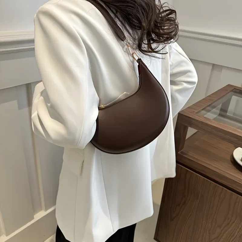 Color: Brown - New Fashionable High-end Moon-shaped Baseball Bag, Showing Luxury, Women's Single Shoulder Bag