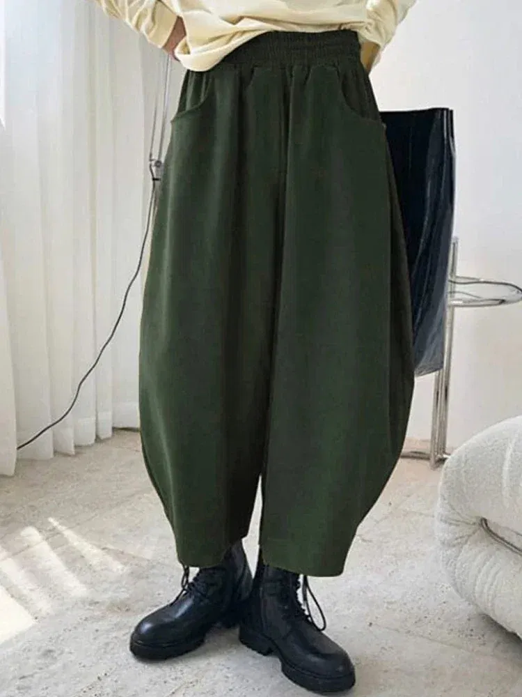 Color: green, Size: M - 2023 Autumn Casual Harem Pants Women Cotton High Waisted Trousers Retro Loose Bloomers Women's Oversize Pants Baggy Sweatpants