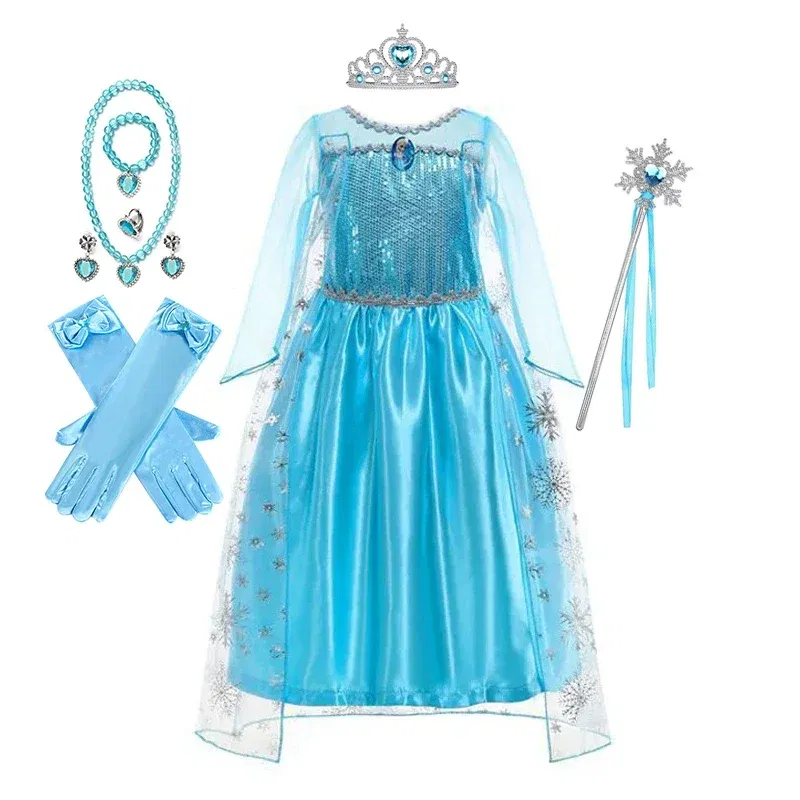 Color: Blue, Kid Size: 14 - Disney Girls Cospaly Snow Queen Elsa Costumes Kids Carnival Party Prom Gown Robe-Playing Children Clothes Frozen Princess Dress