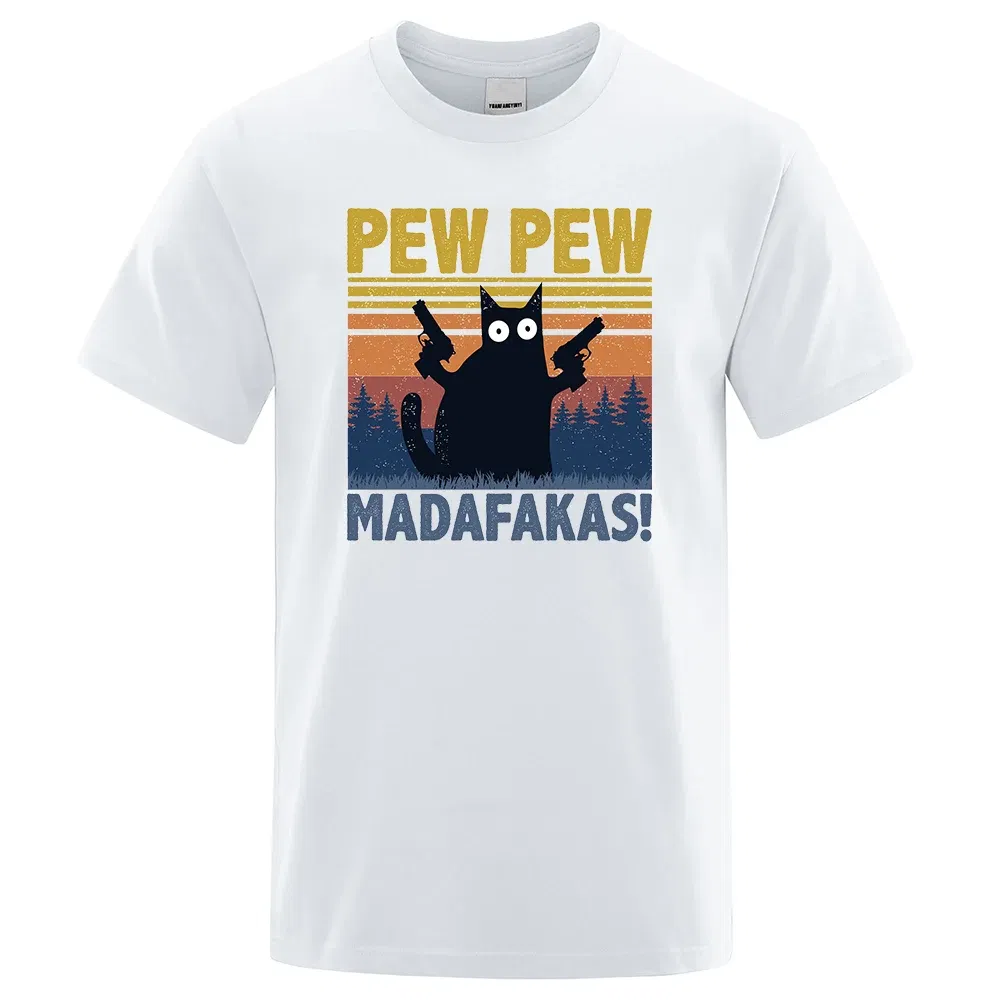 Color: WHITE, Size: XXXL - Pew Pew Madafakas Tshirt Men Short Sleeve Novelty Funny Cat T Shirt Cotton Oversize Tops Shirts Tee T-Shirt Crew Neck Streetwear