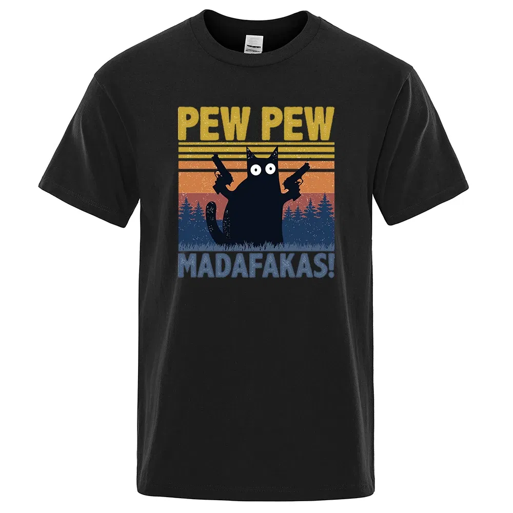 Color: WHITE, Size: XXXL - Pew Pew Madafakas Tshirt Men Short Sleeve Novelty Funny Cat T Shirt Cotton Oversize Tops Shirts Tee T-Shirt Crew Neck Streetwear
