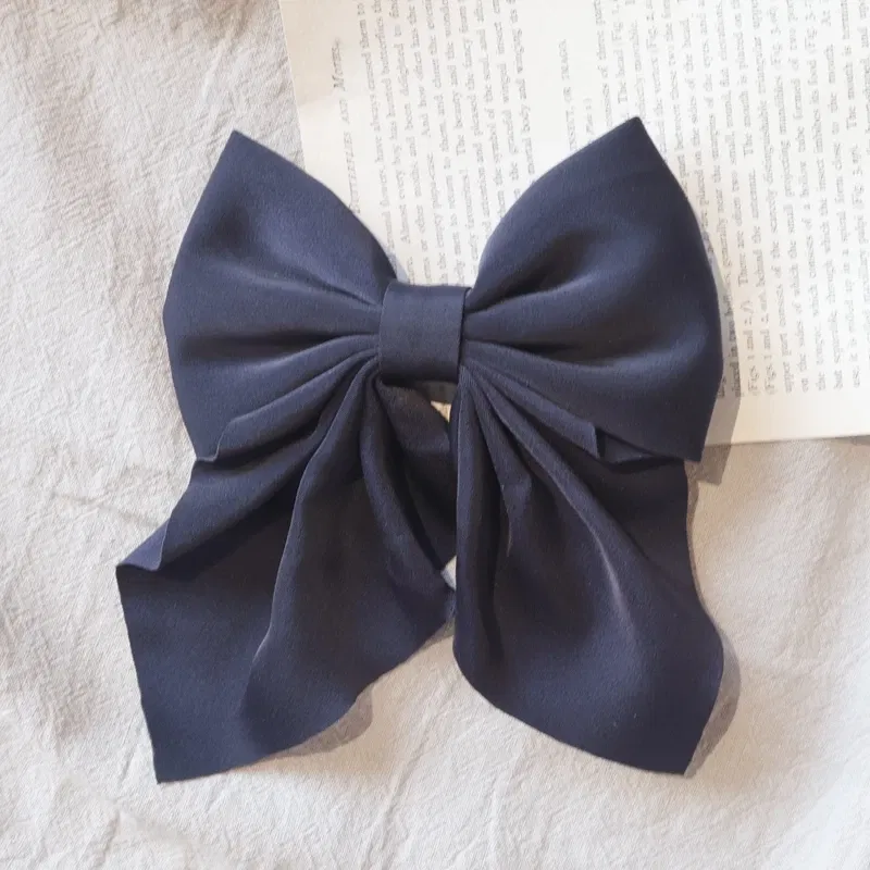 Color: GRAY - Elegant Bow Ribbon Hair Clip Fashion Simple Solid Satin Spring Clip Hair Pin Retro Headband with Clips Girls Hair Accessories