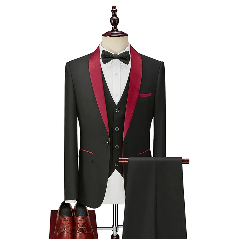 Color: Red, Size: S - Shenrun Men Tuxedo Slim Fit Fashion Suit Wedding Shawl Lapel 3 Pieces Skinny Single Breasted Jacket Party Prom Singer Costume