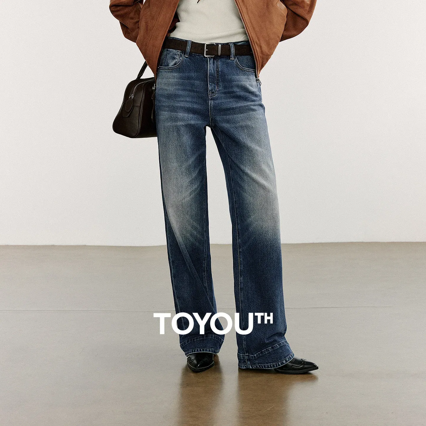 TOYOUTH Women Denim Jeans 2025 Autumn New Washed Lycra Cotton Straight Wide Leg Long Pants