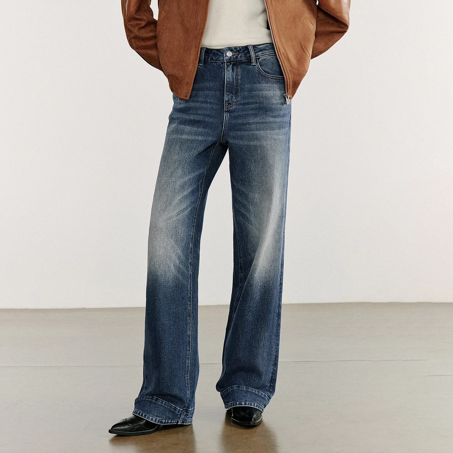 TOYOUTH Women Denim Jeans 2025 Autumn New Washed Lycra Cotton Straight Wide Leg Long Pants