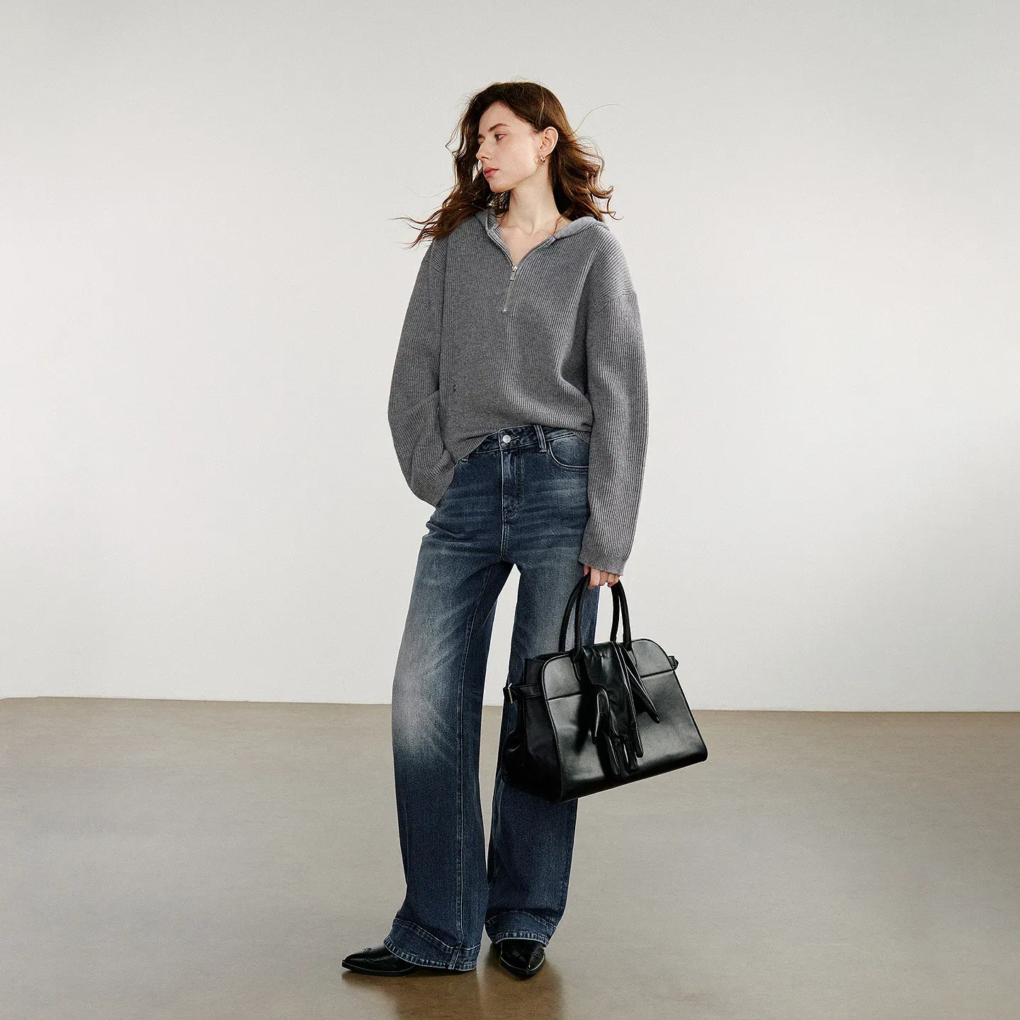 TOYOUTH Women Denim Jeans 2025 Autumn New Washed Lycra Cotton Straight Wide Leg Long Pants