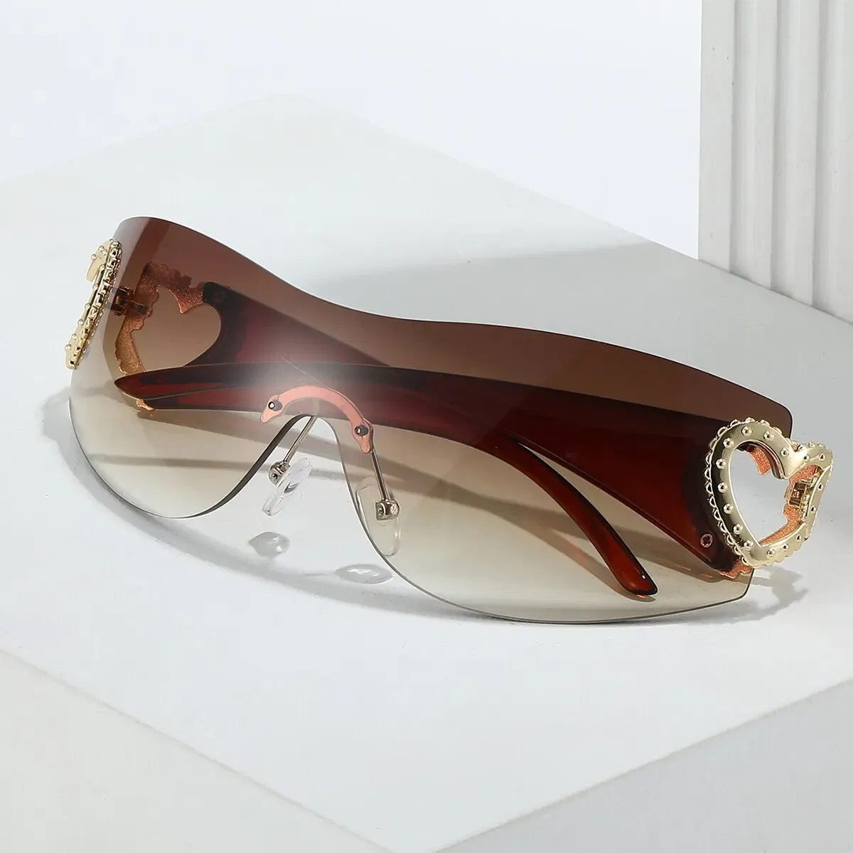 Frame Color: Gold, Lenses Color: Silver - Y2K Wrap Around Fashion Sunglasses For Women Men One-piece Gradient Lens Glasses Heart Design Hollow Temple Eyewear UV400